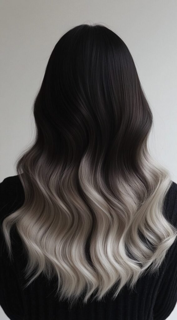 Ash Blonde Balayage with Dark Brown Base and Soft Waves