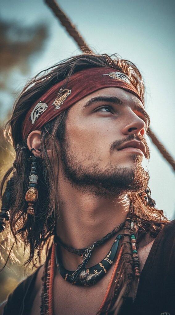 Bandana Over Medium-Length Hair Heavily Adorned with Beads