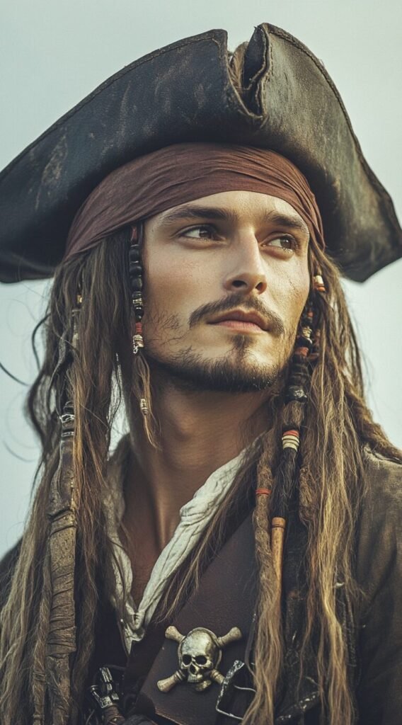 Classic Dreadlocks with Beads Mixed with Free Hair and a Pirate Hat and Bandana