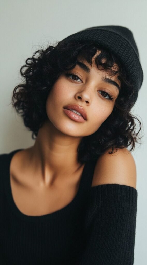 Short Curly Bob and Beanie