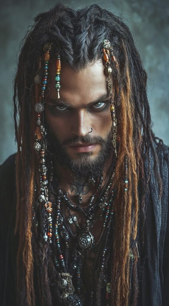 Dark Dreadlocks with Dirty Blonde Highlights Adorned with Beads and Trinkets