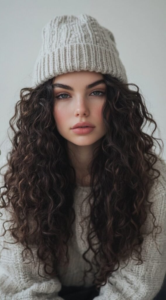 Long Defined Curls Peeking from a Beanie