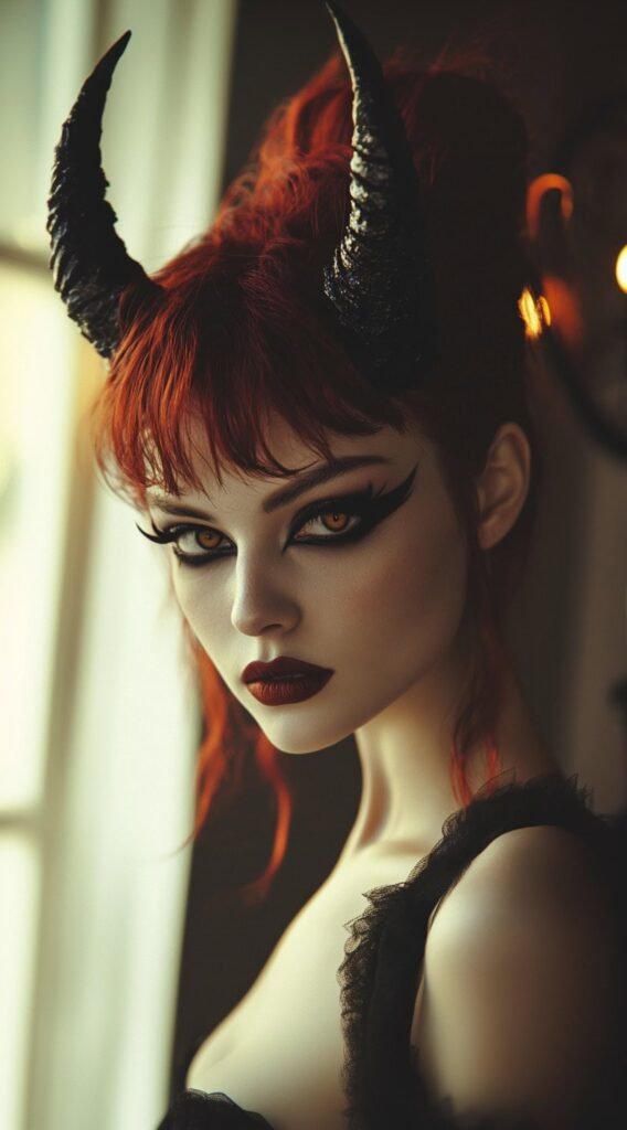 Fiery Demoness – Red Updo with Horns