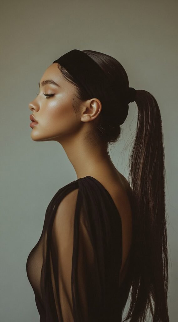 High Sleek Ponytail with a Wide Headband
