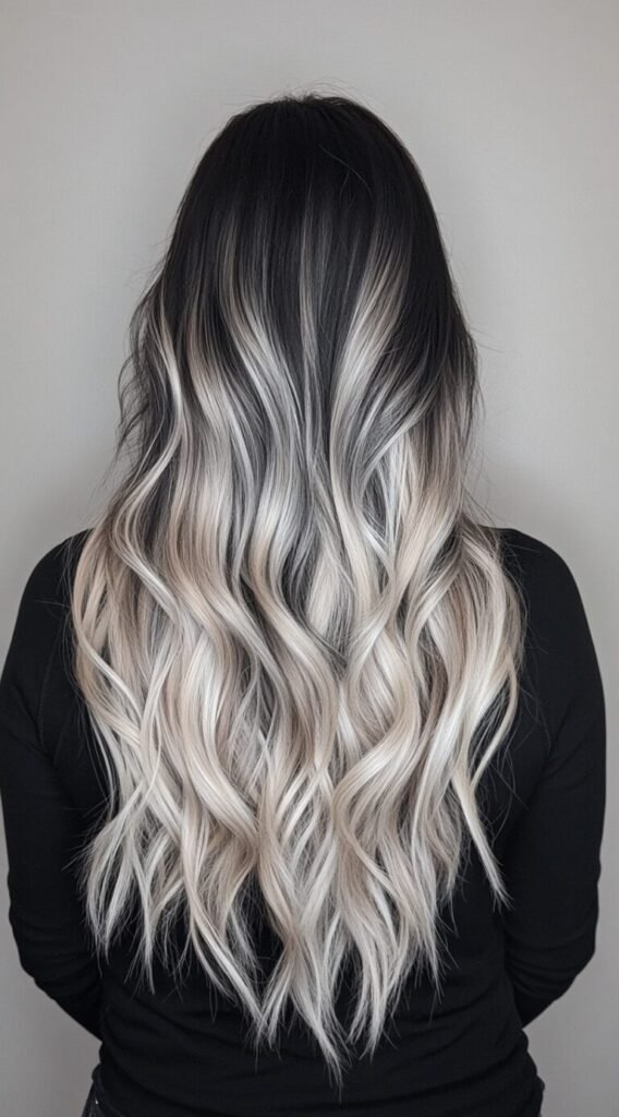 Icy Ash Blonde with Black Shadow Root