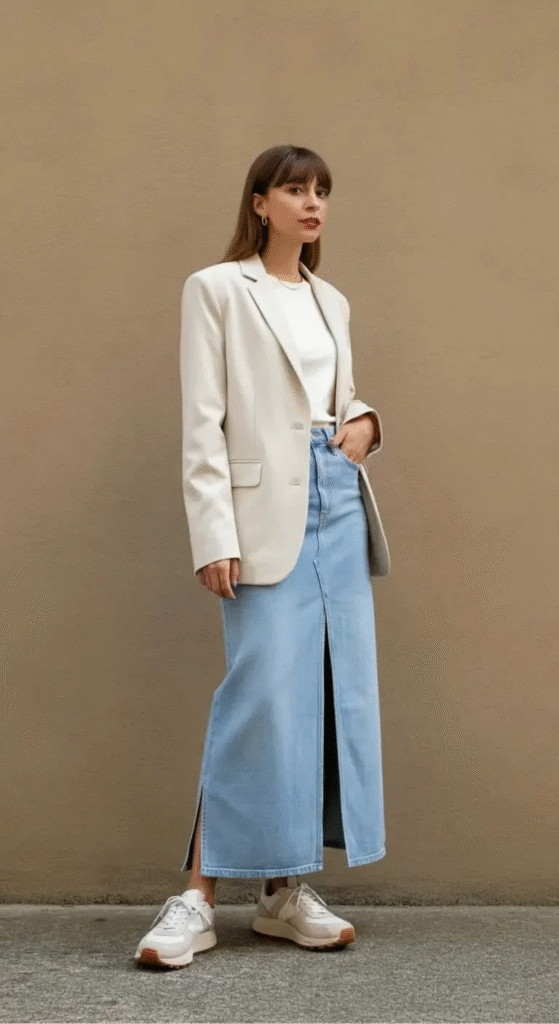 Split-Hem Denim Maxi with Oversized Blazer