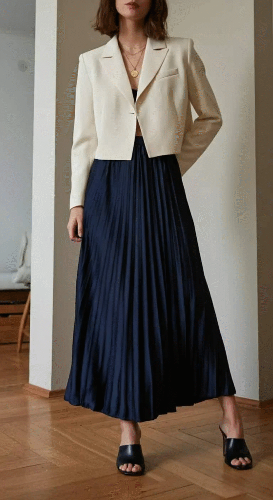 Satin Pleated Maxi with Cropped Blazer