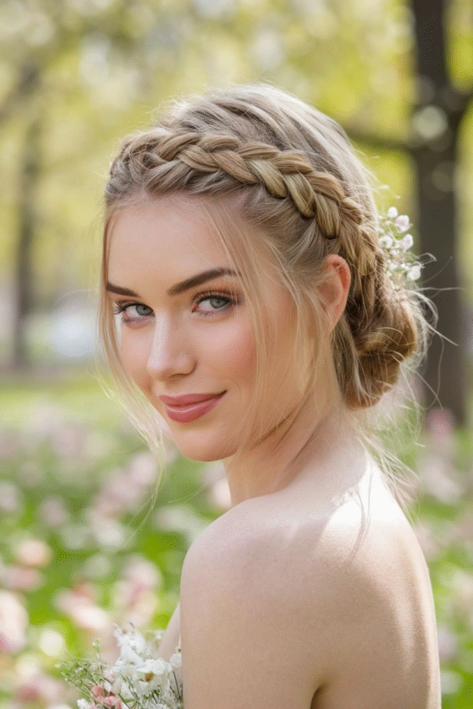 Crown Braid with Sculpted Waves and Laurel Headpiece