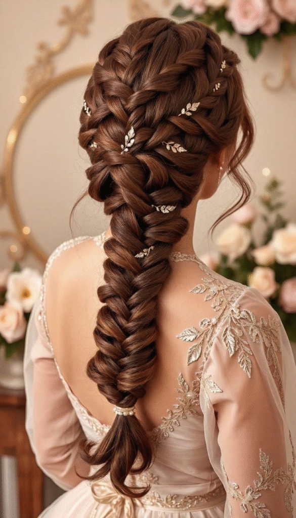 Fishtail Braid with Twisted Crown and Gold Leaves