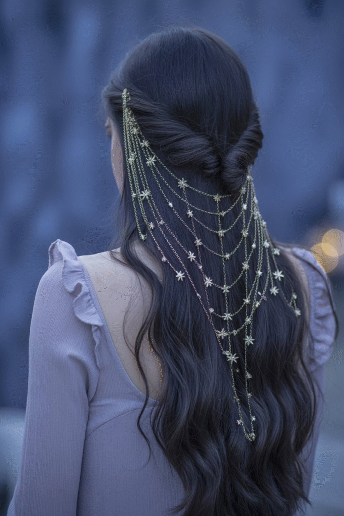 Floral Side Bun with Gold Chain Head Jewelry