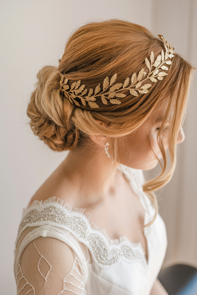 Tucked Low Bun with Gold Leaf Tiara