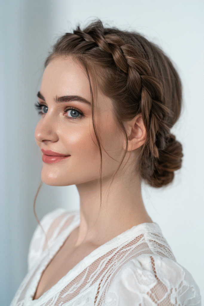 Braided Halo Bun with Leaf Crown