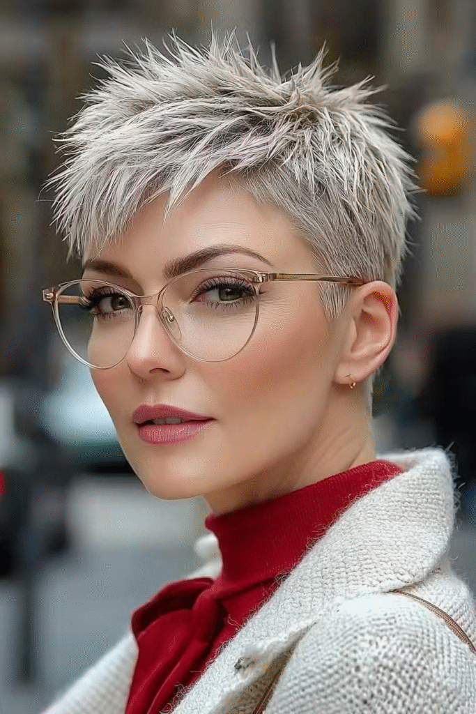 Sandy Blonde Tapered Pixie with Glasses