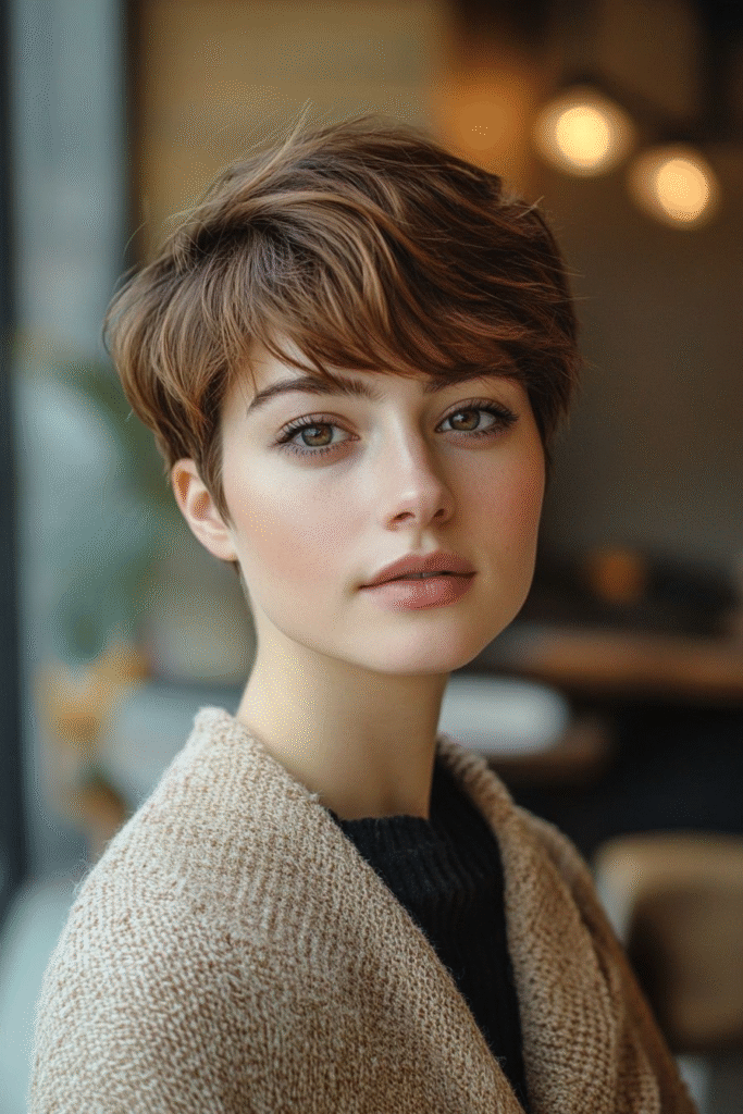 Tousled Soft Brown Pixie with Piecey Fringe