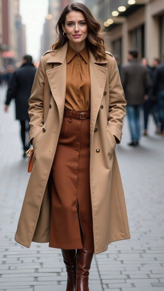  Camel Coat + Plaid Skirt