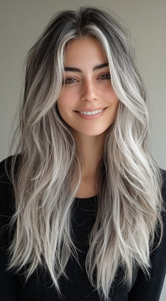 Long Ash Blonde Balayage with Graphite Base
