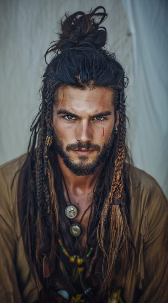 Long Half-Up Half-Down Top Knot with Multiple Cascading Highlighted Braids