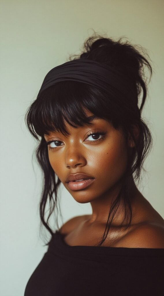 Messy Bun with Bangs and a Thick Headband