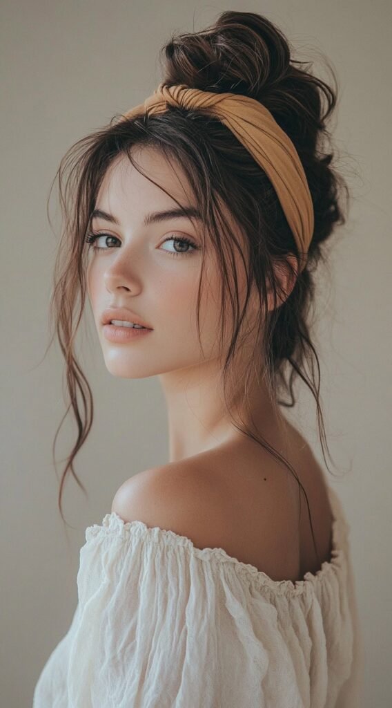 Messy Top Knot with a Knotted Yellow Headband