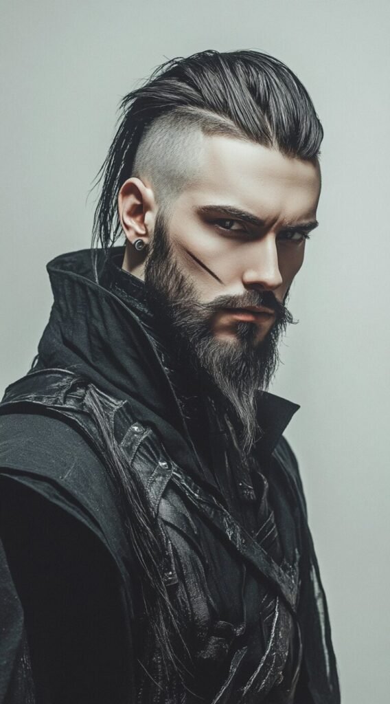Modern Mage Slicked-Back with Shaved Sides and Beard with Textured Mustache