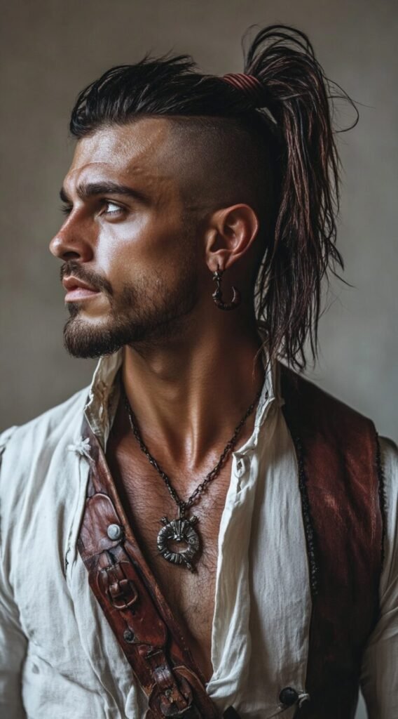 Shaved Sides with Long Hair on Top Styled into High Ponytail