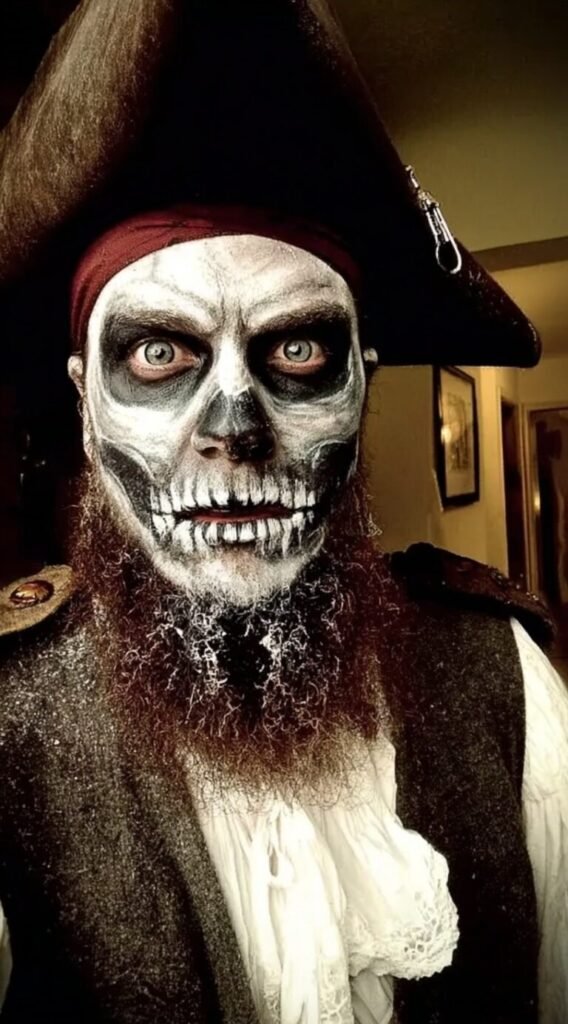 Skeleton Face with Bushy Beard and Pirate Tricorn