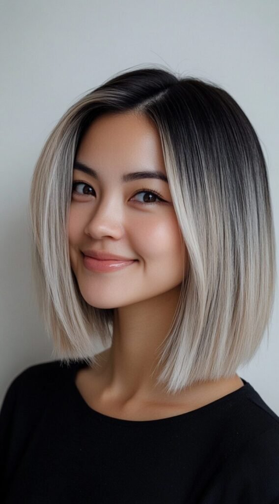 Sleek Ash Blonde Lob with Deep Brunette Root
