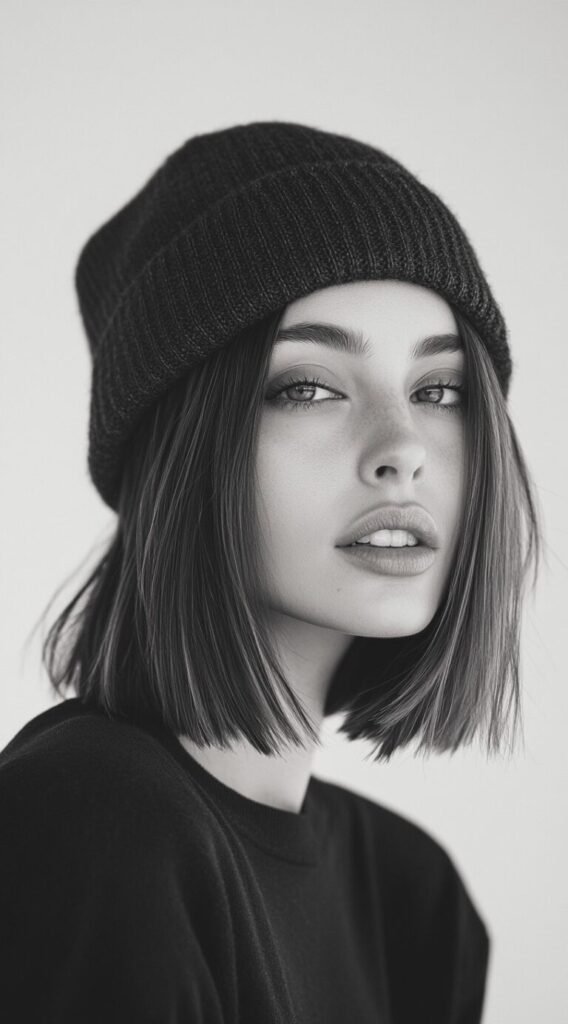 Straight Sleek Bob Under a Beanie