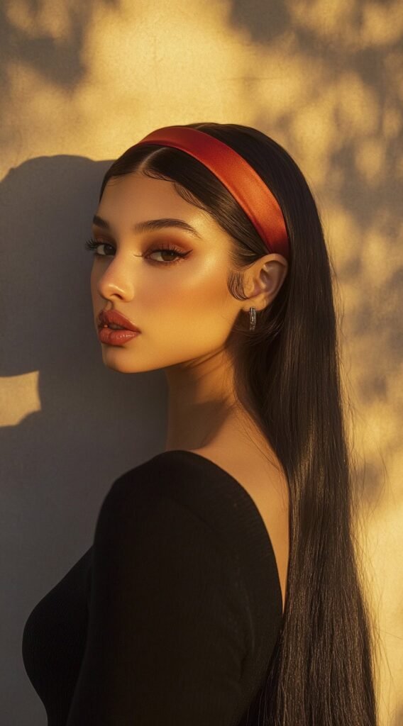 Sleek Long Hair with a Satin Headband
