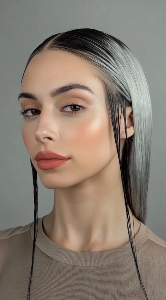 Sleek Silver Wet Look with Face-Framing Pieces