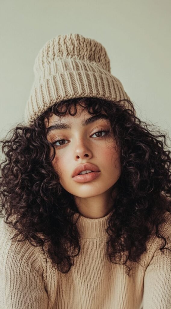 Voluminous Curly Hair with Beanie