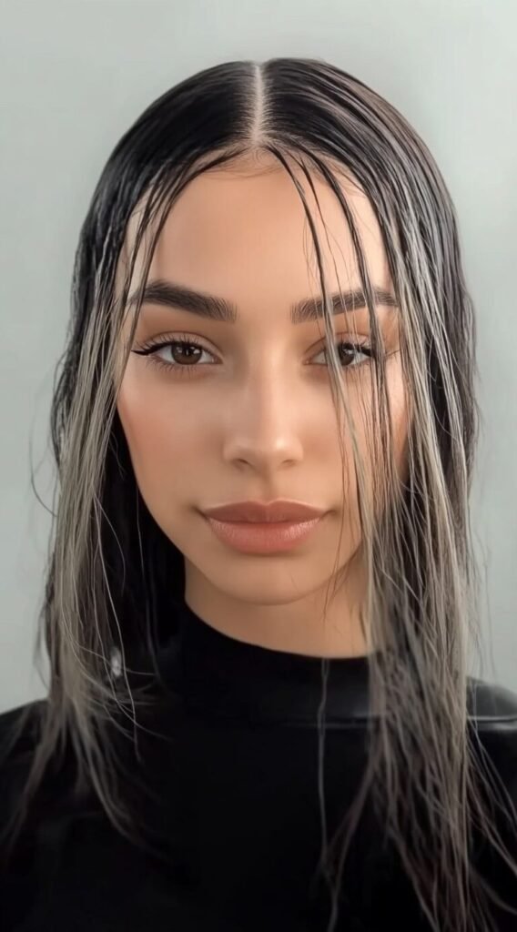 Wet Look Straight Hair with Middle Part