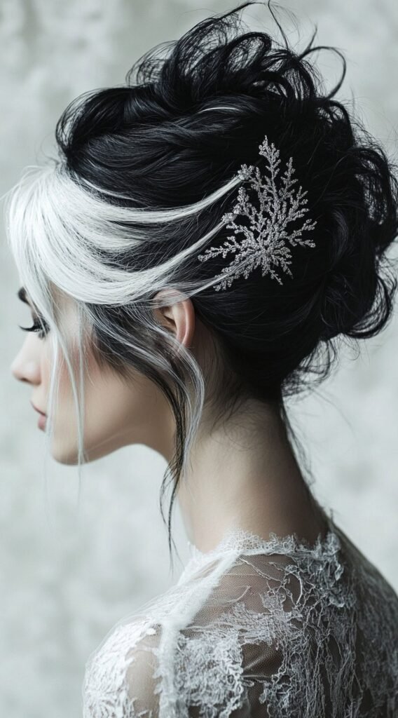 Winter Queen – Icy Blonde Updo with Snowflakes