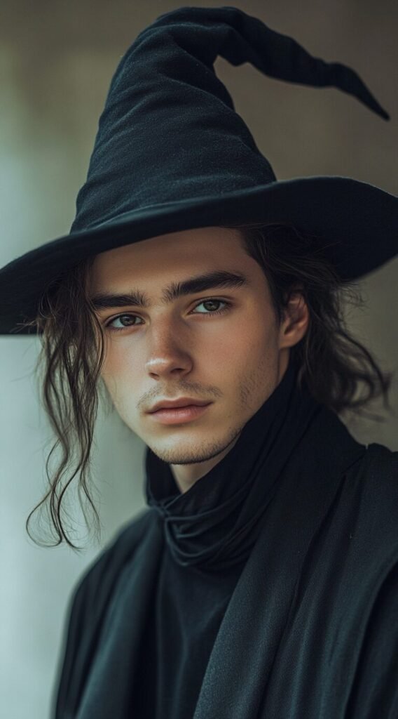 Wizard Tied Back Long Wavy Hair with Few Loose Strands and a Wizard Hat
